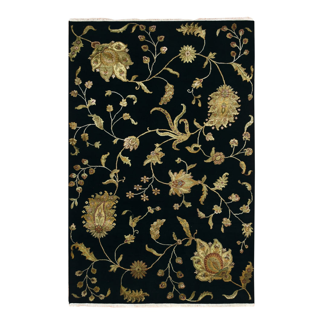 5'10" x 8'10" New Hand Knotted Black Wool & Silk Rectangle Oriental Rug - MOA10275601