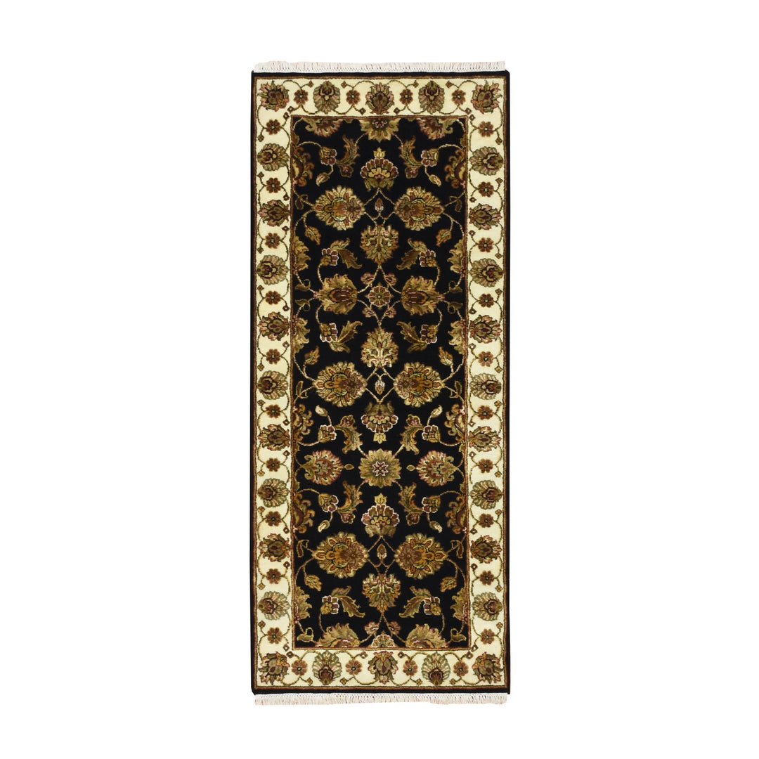 2'7" x 6'2" New Hand Knotted Black Wool & Silk Runner Oriental Rug - MOA10275625