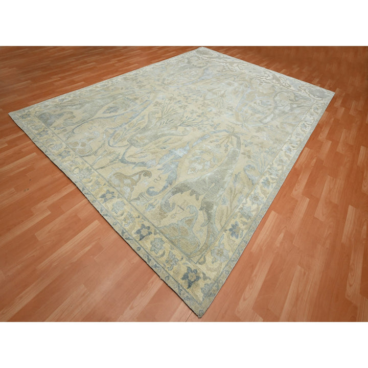 8'10" x 12'1" New Hand Knotted Ivory Wool & Silk Rectangle Oriental Rug - MOA10275637