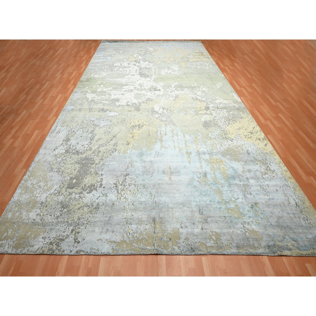 11'10" x 18'5" New Hand Knotted Grey Wool & Silk Rectangle Oriental Rug - MOA10275672