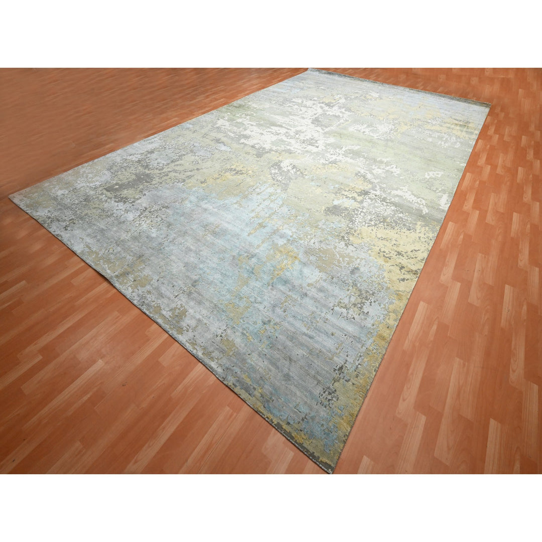 11'10" x 18'5" New Hand Knotted Grey Wool & Silk Rectangle Oriental Rug - MOA10275672