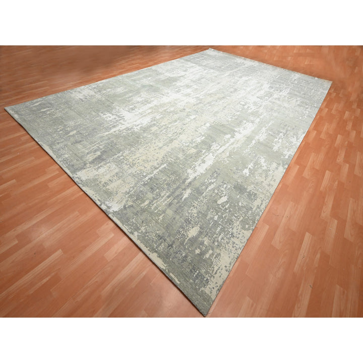 11'11" x 18'0" New Hand Knotted Grey Wool & Silk Rectangle Oriental Rug - MOA10275673