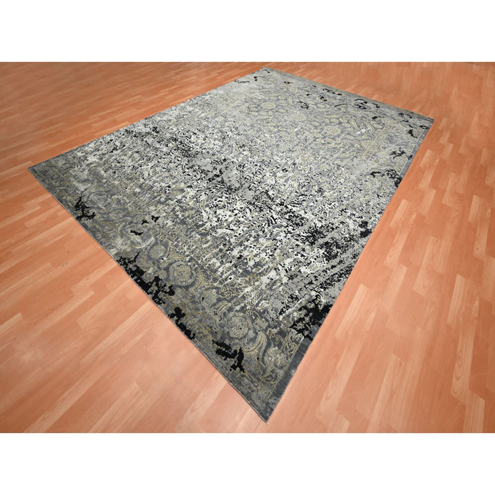 8'11" x 12'2" New Hand Knotted Black Wool & Silk Rectangle Oriental Rug - MOA10275680