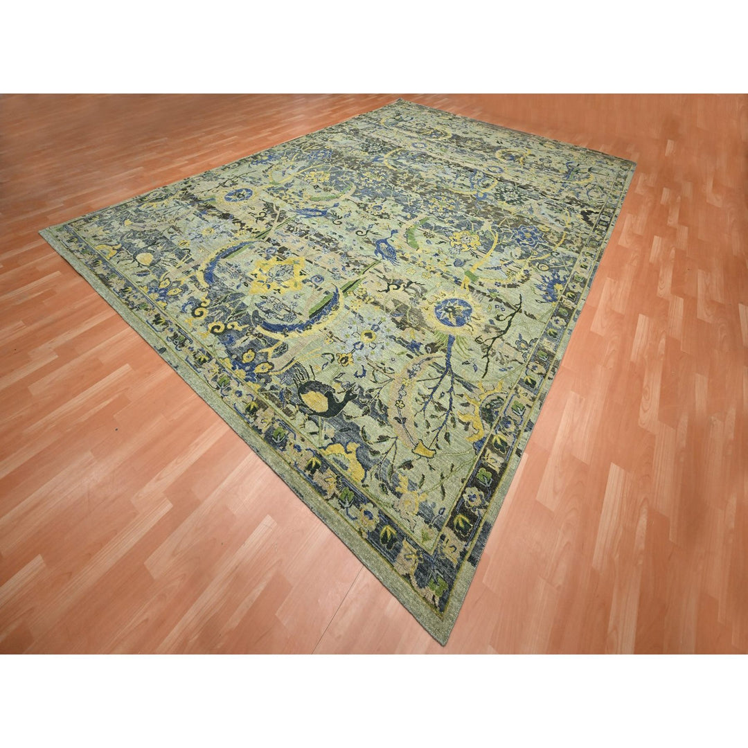 10'1" x 14'1" New Hand Knotted Green Wool Rectangle Oriental Rug - MOA10275686