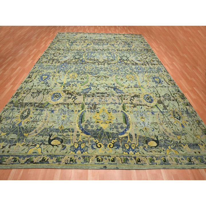 11'11" x 15'1" New Hand Knotted Green Wool Rectangle Oriental Rug - MOA10275712