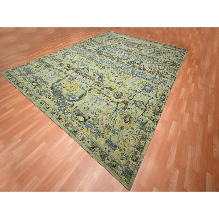 11'11" x 15'1" New Hand Knotted Green Wool Rectangle Oriental Rug - MOA10275712