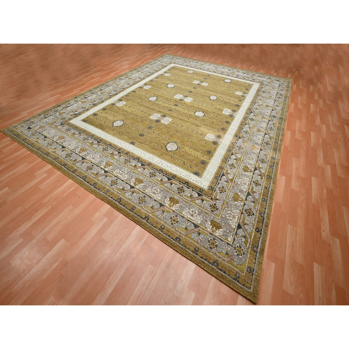 12'1" x 15'2" New Hand Knotted Yellow Wool Rectangle Oriental Rug - MOA10275721
