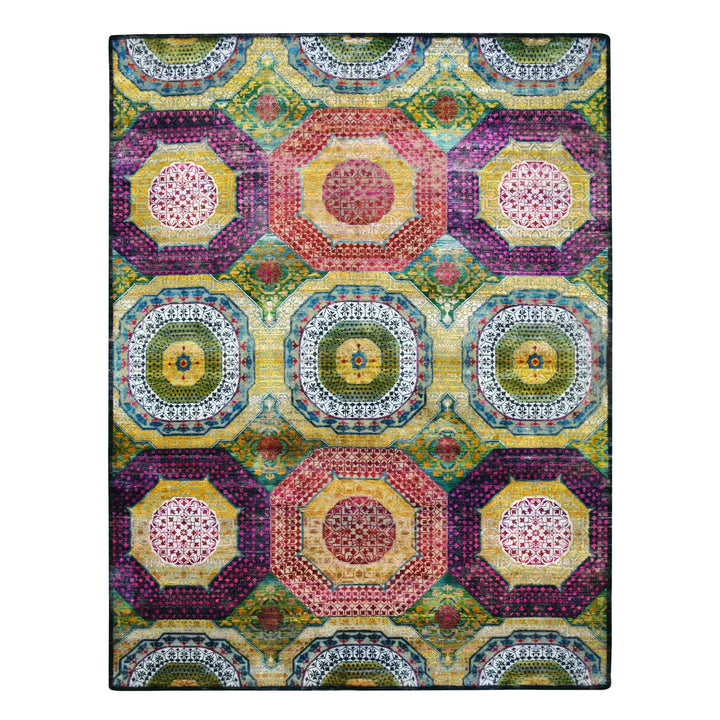 9'0" x 11'10" New Hand Knotted Yellow Wool & Silk Rectangle Oriental Rug - MOA10275726