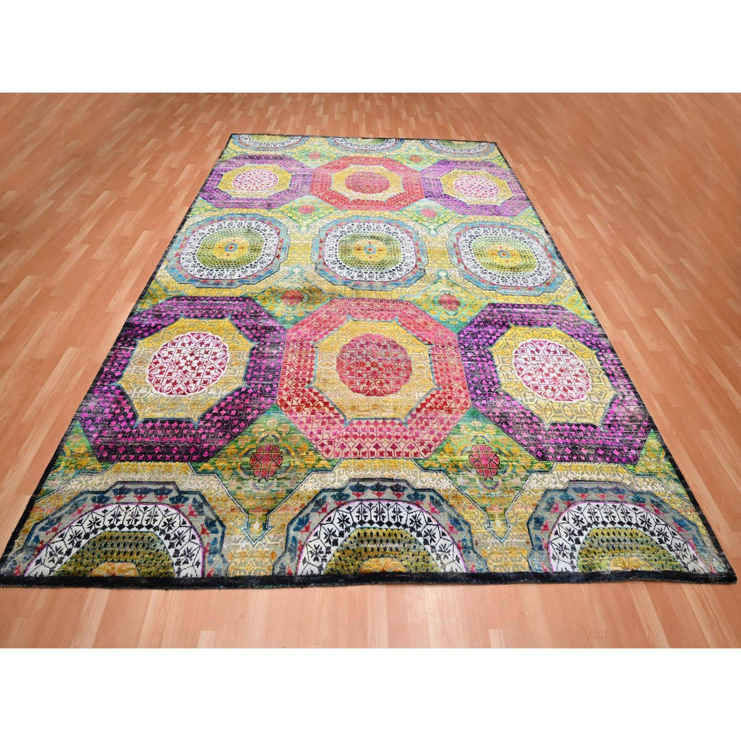 9'0" x 11'10" New Hand Knotted Yellow Wool & Silk Rectangle Oriental Rug - MOA10275726