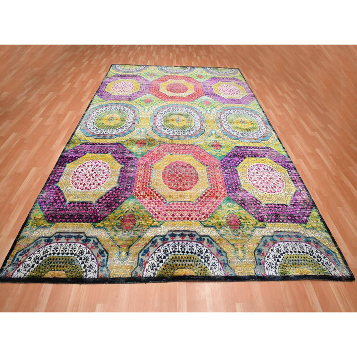 9'0" x 11'10" New Hand Knotted Yellow Wool & Silk Rectangle Oriental Rug - MOA10275726