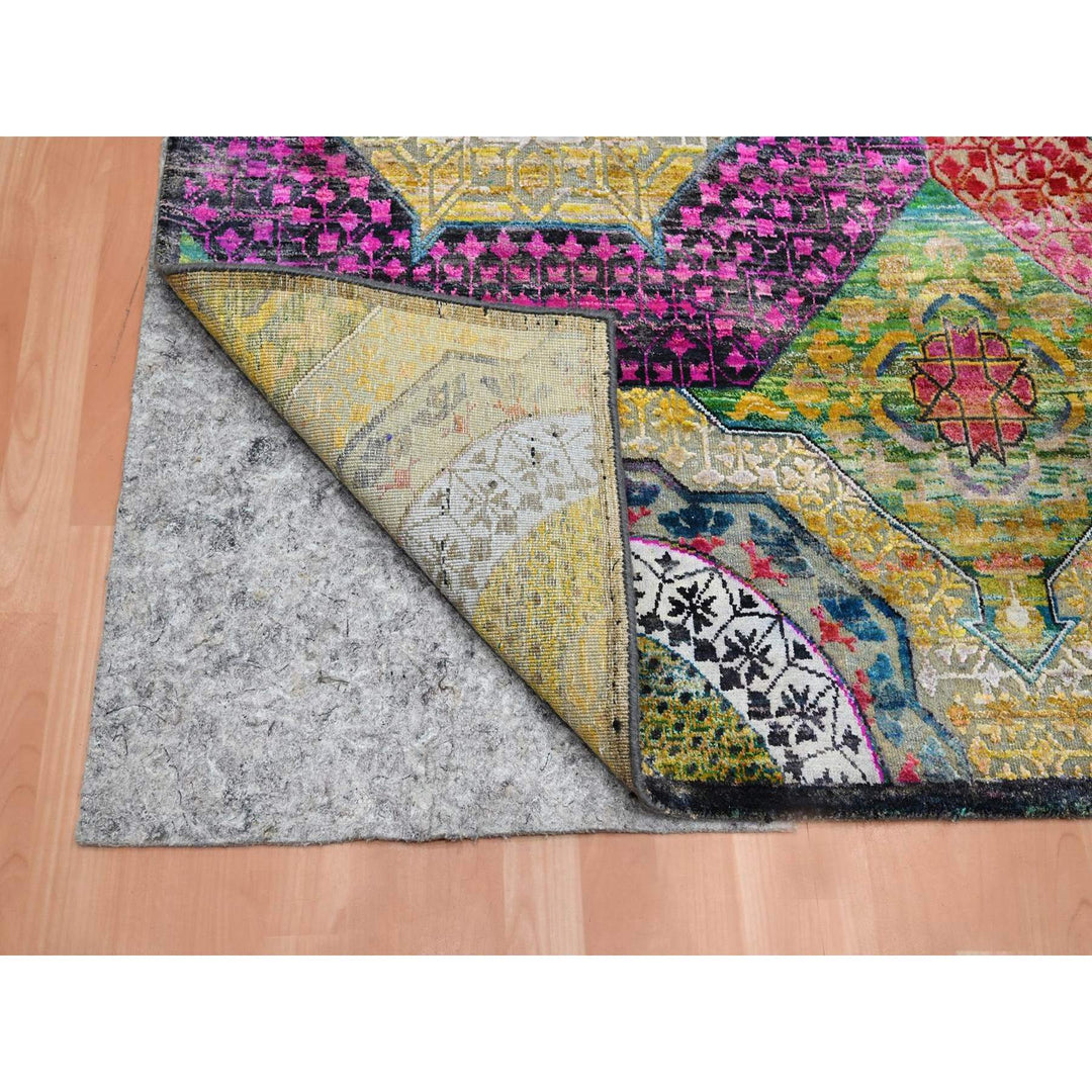 9'0" x 11'10" New Hand Knotted Yellow Wool & Silk Rectangle Oriental Rug - MOA10275726