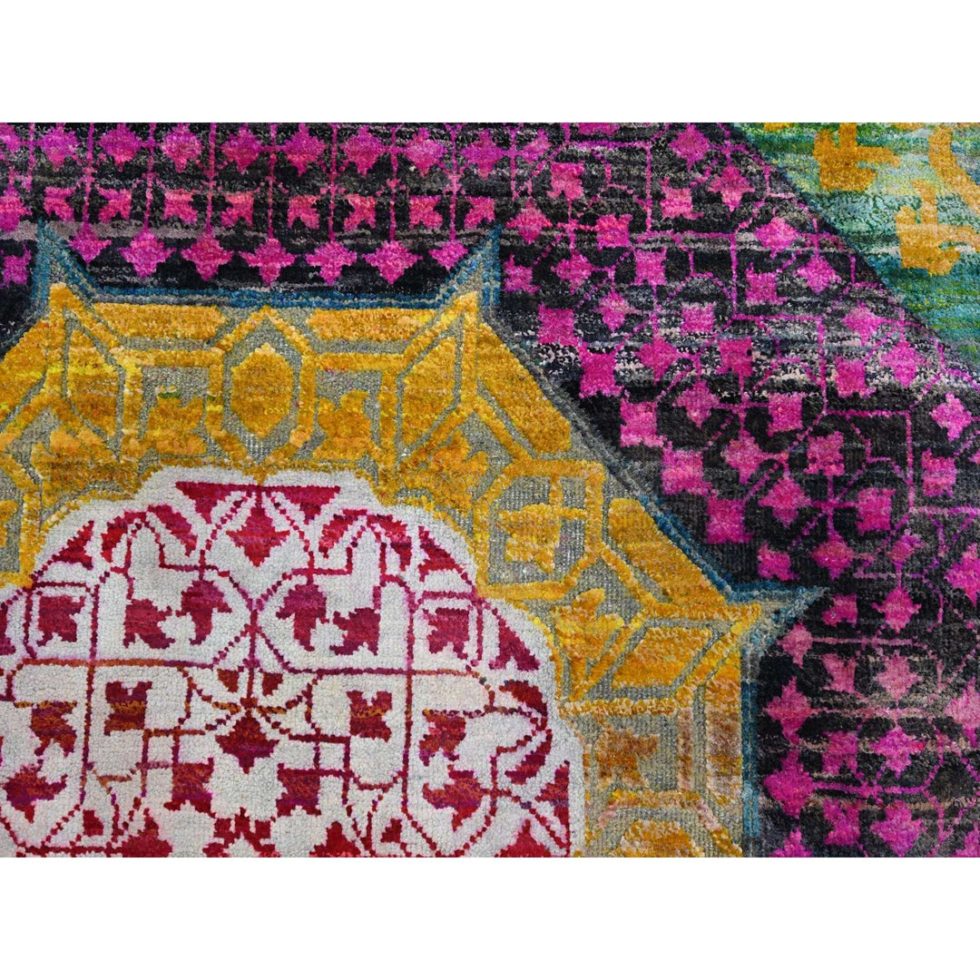 9'0" x 11'10" New Hand Knotted Yellow Wool & Silk Rectangle Oriental Rug - MOA10275726