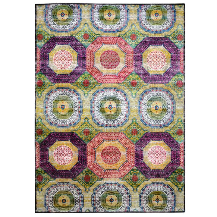 10'0" x 14'1" New Hand Knotted Yellow Wool & Sari Silk Rectangle Oriental Rug - MOA10275730