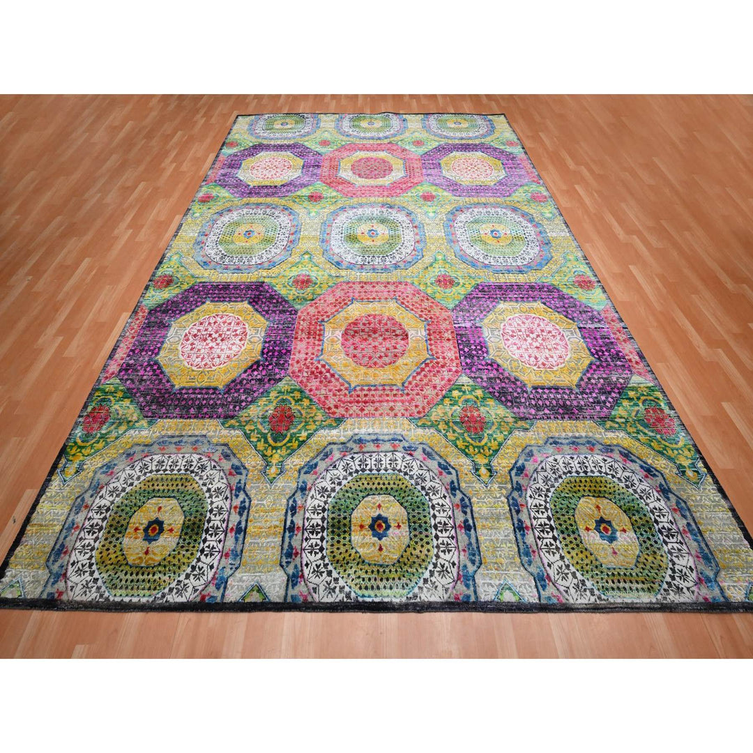 10'0" x 14'1" New Hand Knotted Yellow Wool & Sari Silk Rectangle Oriental Rug - MOA10275730