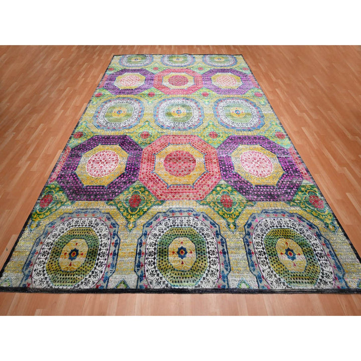 10'0" x 14'1" New Hand Knotted Yellow Wool & Sari Silk Rectangle Oriental Rug - MOA10275730