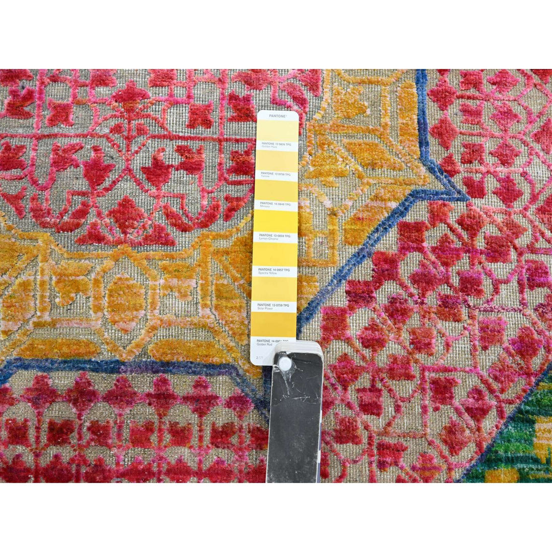 10'0" x 14'1" New Hand Knotted Yellow Wool & Sari Silk Rectangle Oriental Rug - MOA10275730
