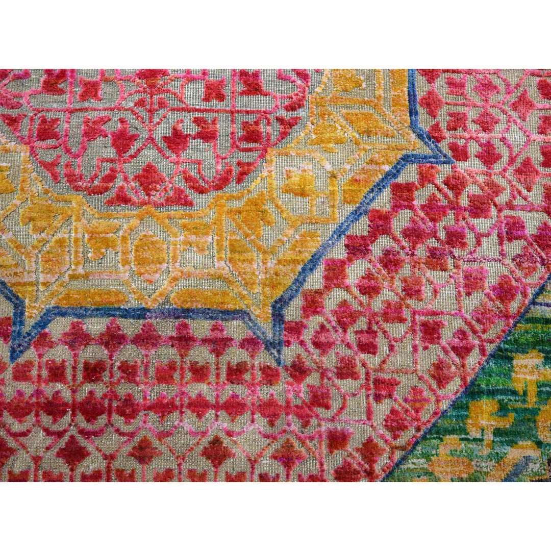 10'0" x 14'1" New Hand Knotted Yellow Wool & Sari Silk Rectangle Oriental Rug - MOA10275730