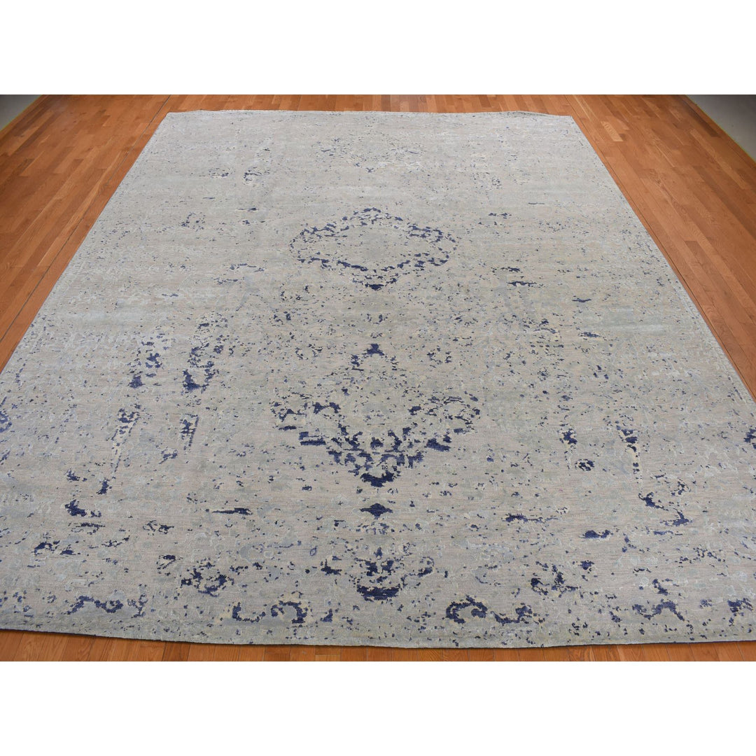 11'10" x 14'9" New Hand Knotted Blue Wool & Silk Rectangle Oriental Rug - MOA10278001