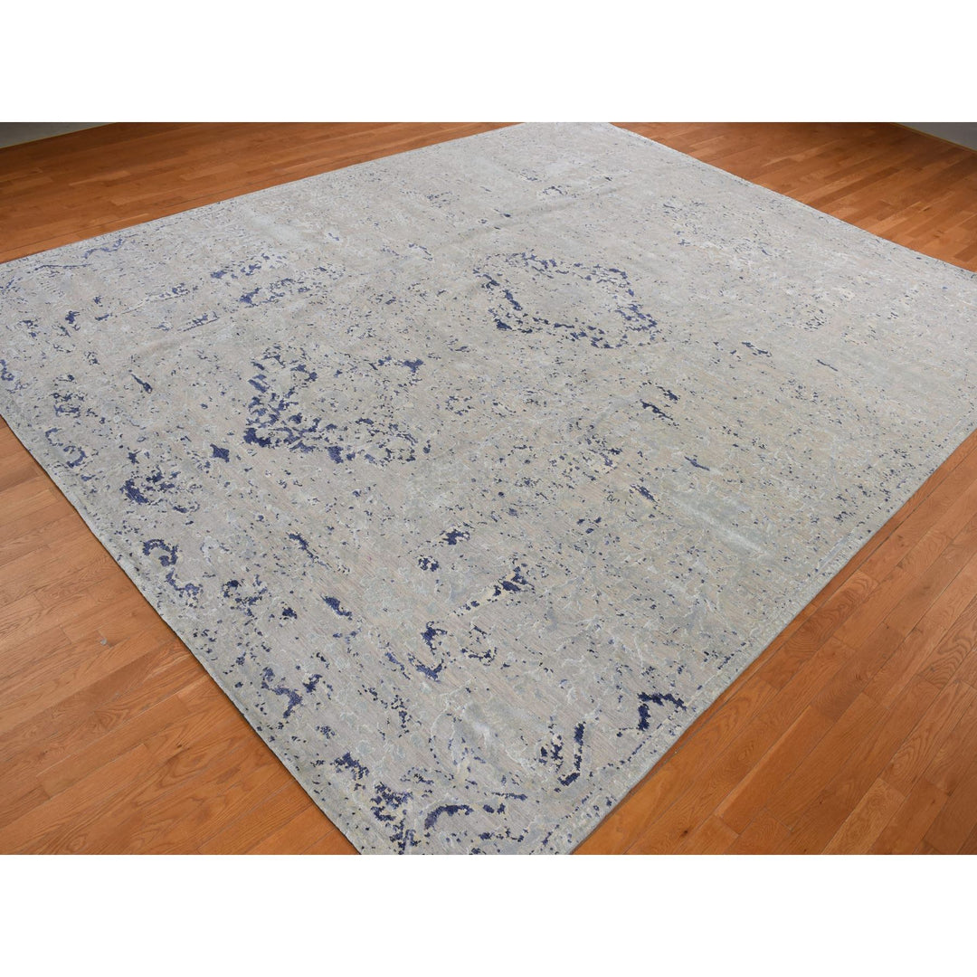11'10" x 14'9" New Hand Knotted Blue Wool & Silk Rectangle Oriental Rug - MOA10278001
