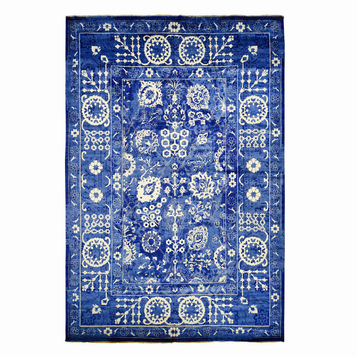 12'2" x 18'3" New Hand Knotted Blue Wool & Silk Rectangle Oriental Rug - MOA10278014