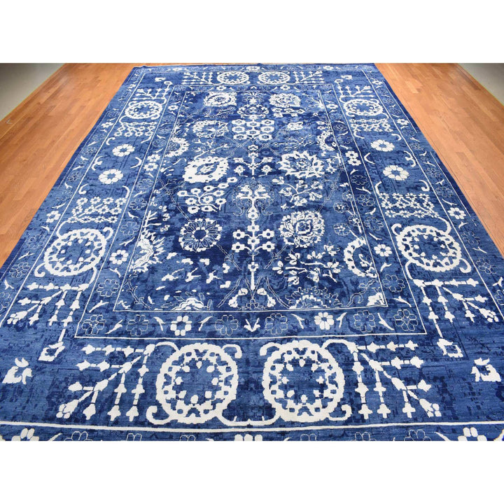 12'2" x 18'3" New Hand Knotted Blue Wool & Silk Rectangle Oriental Rug - MOA10278014