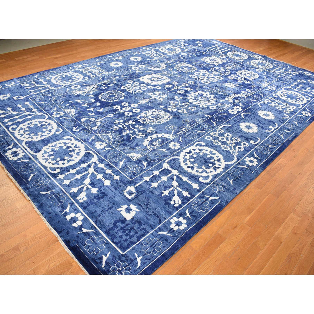 12'2" x 18'3" New Hand Knotted Blue Wool & Silk Rectangle Oriental Rug - MOA10278014