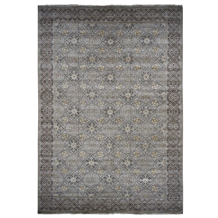 11'10" x 18'6" New Hand Knotted Grey Wool & Silk Rectangle Oriental Rug - MOA10278016