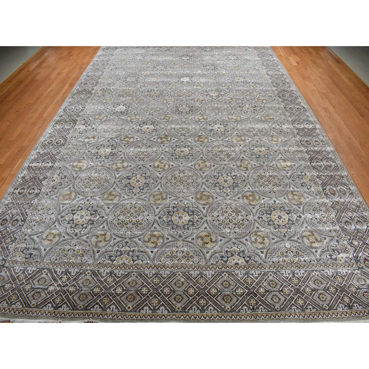 11'10" x 18'6" New Hand Knotted Grey Wool & Silk Rectangle Oriental Rug - MOA10278016