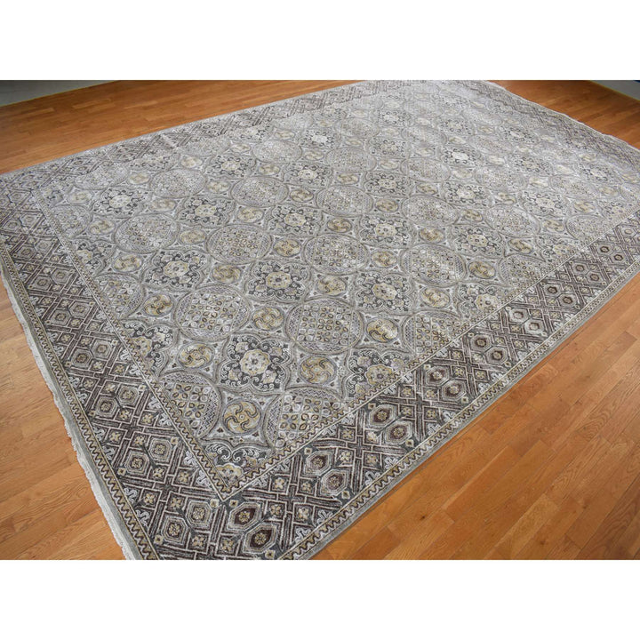 11'10" x 18'6" New Hand Knotted Grey Wool & Silk Rectangle Oriental Rug - MOA10278016