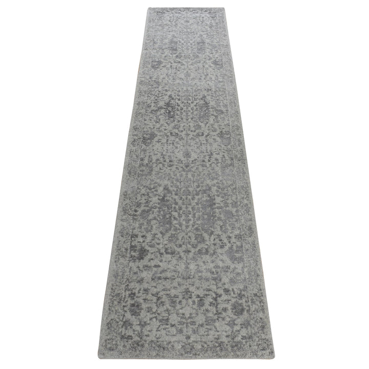 2'5" x 12'0" New Hand Loomed Grey Wool & Silk Runner Oriental Rug - MOA10278245