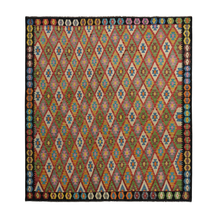 8'8" x 9'9" New Hand Woven Red Wool Rectangle Oriental Rug - MOA10278348