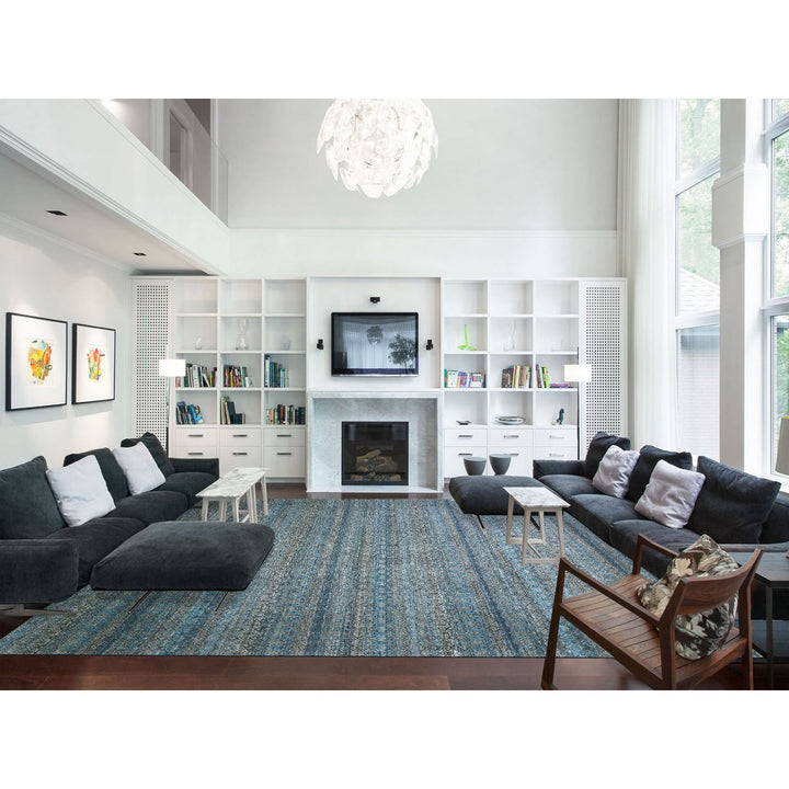 12'0" x 15'1" New Hand Knotted Blue Wool Rectangle Oriental Rug - MOA10279769