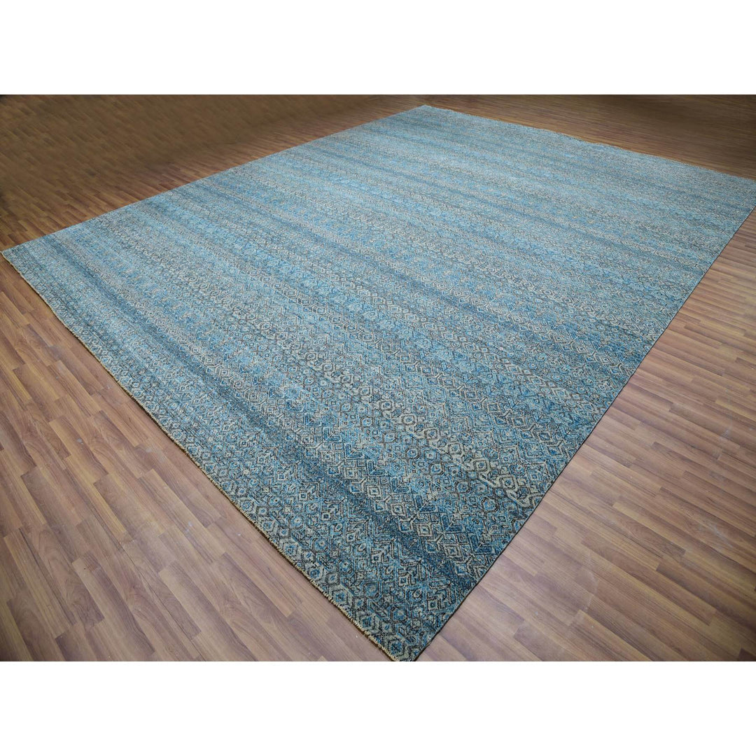 12'0" x 15'1" New Hand Knotted Blue Wool Rectangle Oriental Rug - MOA10279769
