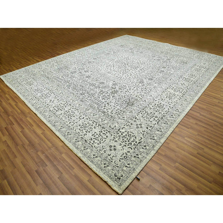 12'1" x 15'4" New Hand Knotted Ivory Wool Rectangle Oriental Rug - MOA10279983