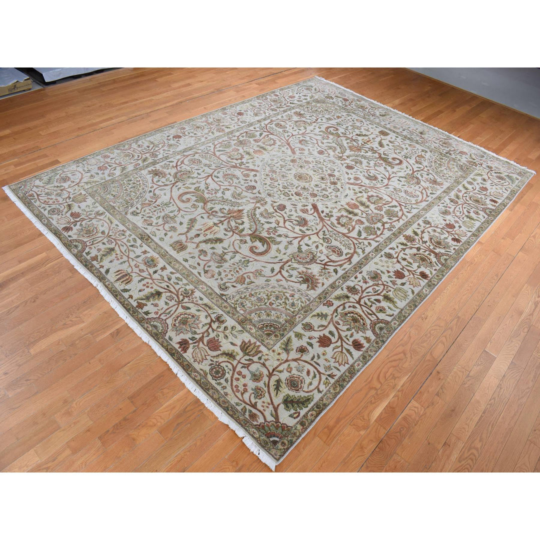 10'1" x 13'9" New Hand Knotted Grey Wool & Silk Rectangle Oriental Rug - MOA10280915