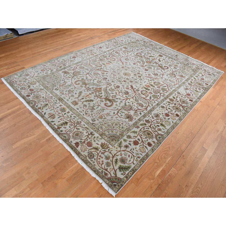10'1" x 13'9" New Hand Knotted Grey Wool & Silk Rectangle Oriental Rug - MOA10280915