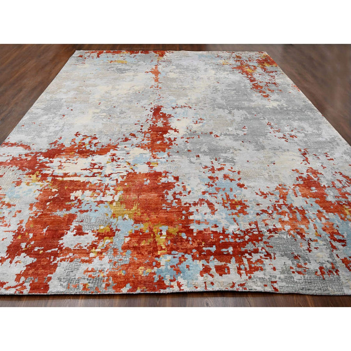 13'9" x 17'9" New Hand Knotted Grey Wool & Silk Rectangle Oriental Rug - MOA10284455