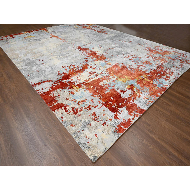 13'9" x 17'9" New Hand Knotted Grey Wool & Silk Rectangle Oriental Rug - MOA10284455