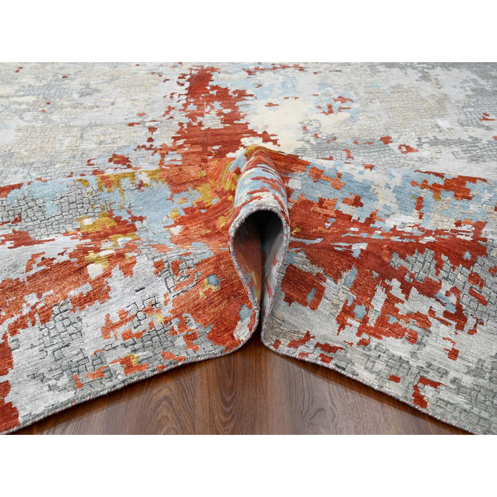 13'9" x 17'9" New Hand Knotted Grey Wool & Silk Rectangle Oriental Rug - MOA10284455