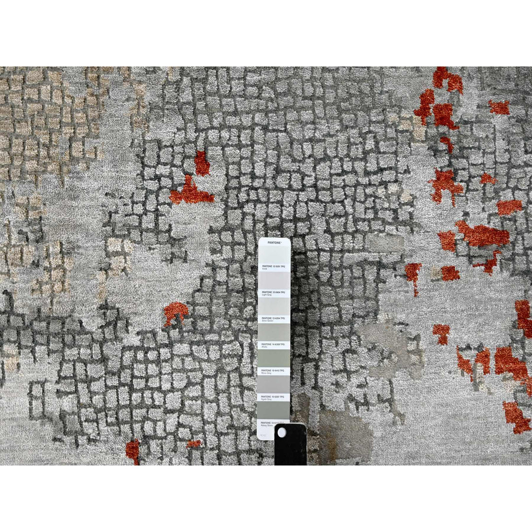 13'9" x 17'9" New Hand Knotted Grey Wool & Silk Rectangle Oriental Rug - MOA10284455