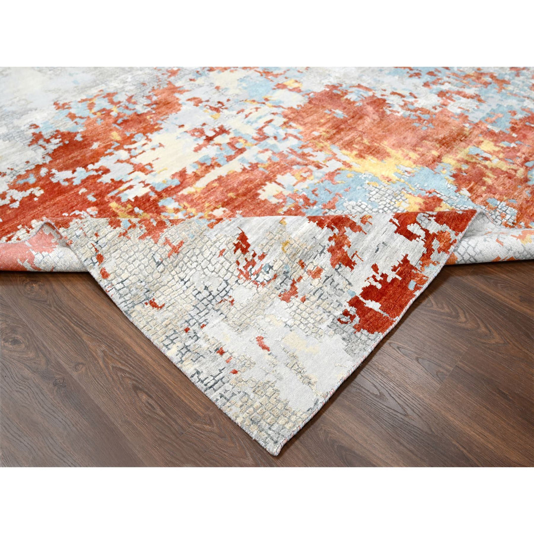 12'0" x 17'10" New Hand Knotted Grey Wool & Silk Rectangle Oriental Rug - MOA10284591