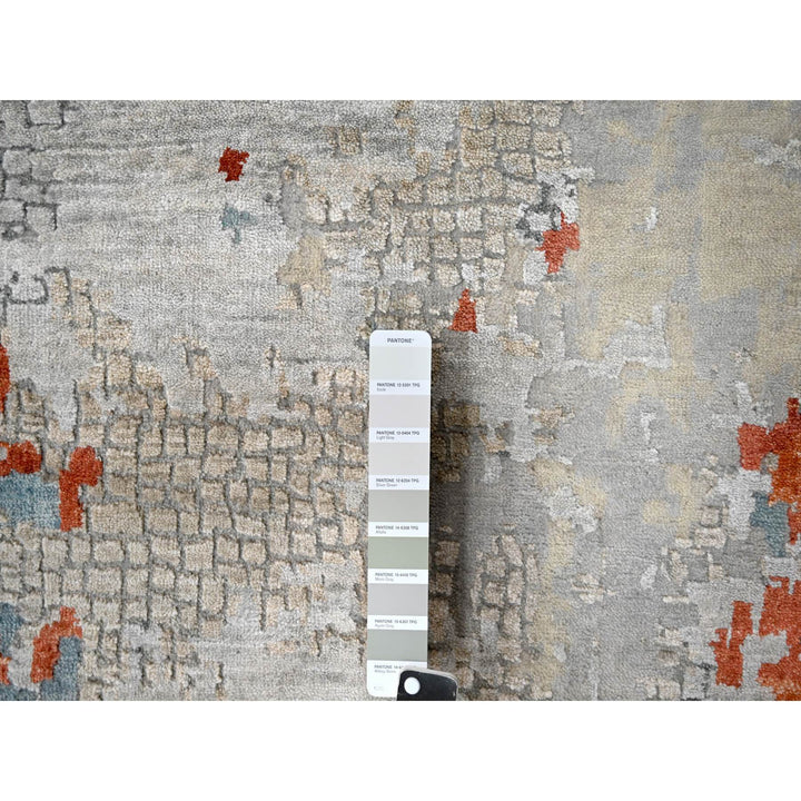 12'0" x 17'10" New Hand Knotted Grey Wool & Silk Rectangle Oriental Rug - MOA10284591