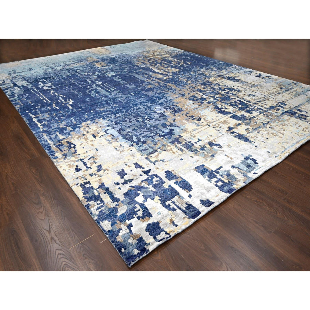 13'9" x 17'9" New Hand Knotted Blue Wool & Silk Rectangle Oriental Rug - MOA10284680