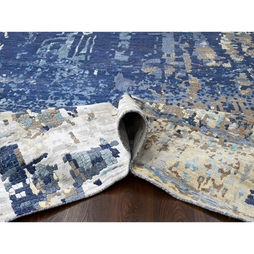 13'9" x 17'9" New Hand Knotted Blue Wool & Silk Rectangle Oriental Rug - MOA10284680