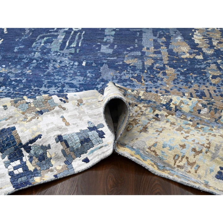 13'9" x 17'9" New Hand Knotted Blue Wool & Silk Rectangle Oriental Rug - MOA10284680