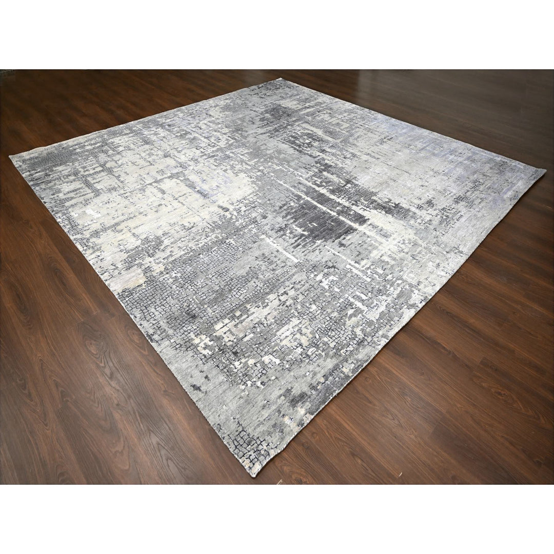 11'10" x 11'11" New Hand Knotted Grey Wool & Silk Square Oriental Rug - MOA10284753