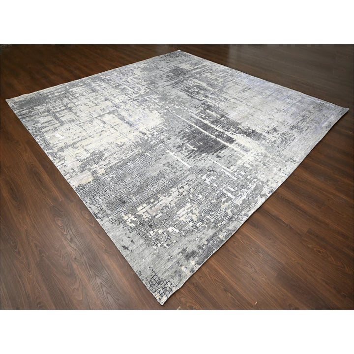 11'10" x 11'11" New Hand Knotted Grey Wool & Silk Square Oriental Rug - MOA10284753
