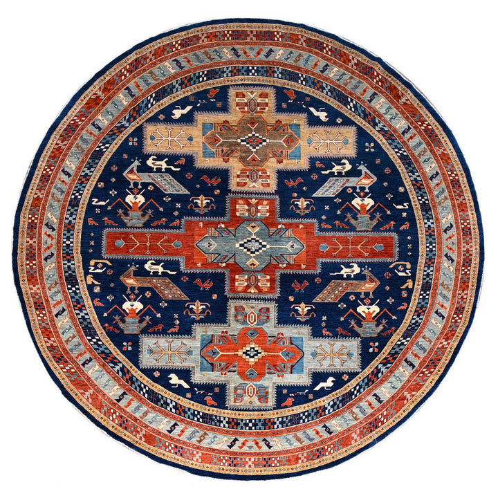 11'7" x 11'7" New Hand Knotted Blue Wool Round Oriental Rug - MOA10286410