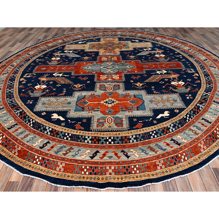 11'7" x 11'7" New Hand Knotted Blue Wool Round Oriental Rug - MOA10286410