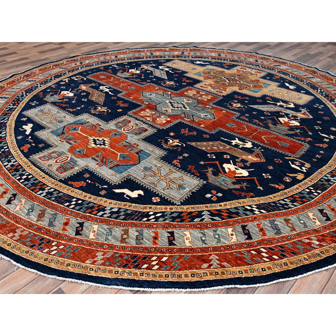 11'7" x 11'7" New Hand Knotted Blue Wool Round Oriental Rug - MOA10286410